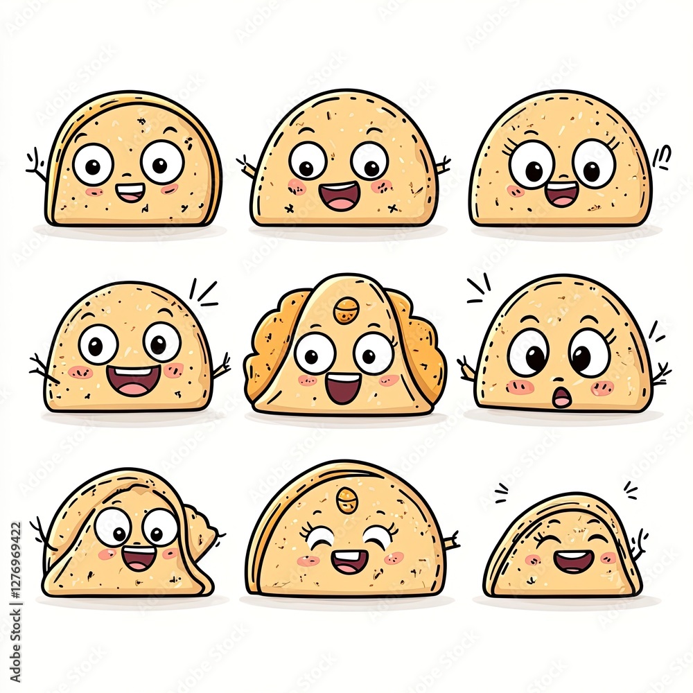 Poster happy taco characters with different expressions on white background. possible for kids menu design