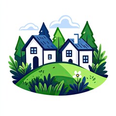 Naklejka premium Houses on hill surrounded by trees and plants in a peaceful, sunny day for real estate
