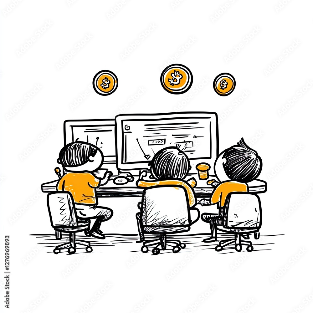 Poster illustrative view of three workers using desktop computers in an office. earning money