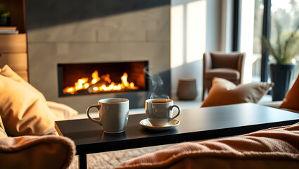 living room with fireplace, ai generated