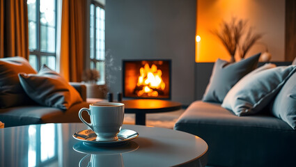 living room with fireplace, ai generated