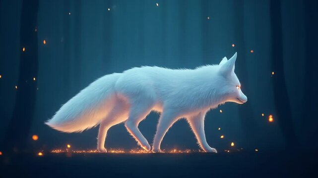A majestic silver fox with glowing white fur walking gracefully through a shimmering dark forest, illuminated by soft moonlight and golden fireflies. The scene is ethereal and enchanting.