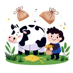 Fototapeta premium Kid feeding a cow with gold coins. Farming concept, with money sacks above, on green land