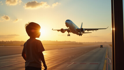 A child watches planes take off from the window.