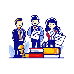 Obraz premium Lawyers stand on books with documents. Justice scale. Legal team. Office job