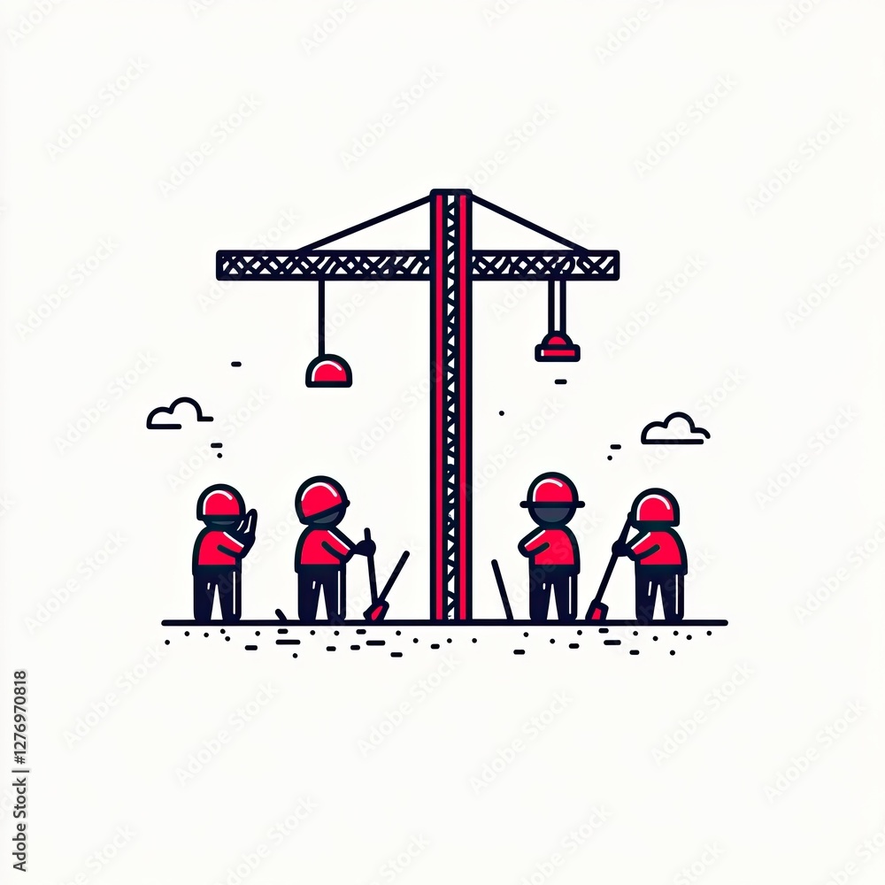 Poster line art of construction workers with crane on site, with clouds in background. possible design use