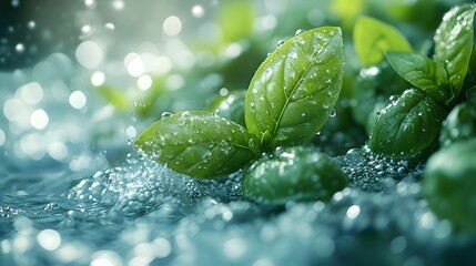 A Serene Visual of Bright Green Basil Leaves on Crystal Clear Water with Tiny Bubbles Creating an Illusion of Freshness