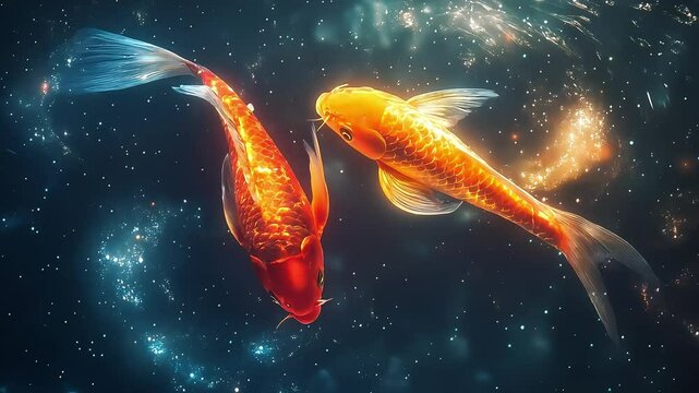 A stunning digital painting of two luminous koi fish, one golden and one fiery red, swimming in a cosmic aquatic space, symbolizing harmony, energy, and spiritual balance.
