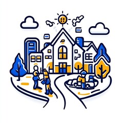 Fototapeta premium Neighborhood scene with kids, school building, and sunny sky for educational or community illustration
