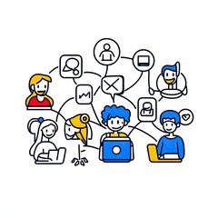 Networked team working remotely using laptops, connected to the Internet and social media