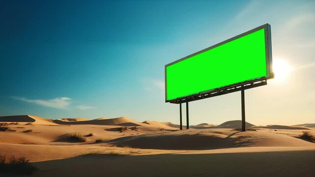 Large empty blank green screen billboard stands in the middle of a vast desert, time lapse transition from midday to afternoon. Shifting sunlight and moving sand chroma key greenscreen
