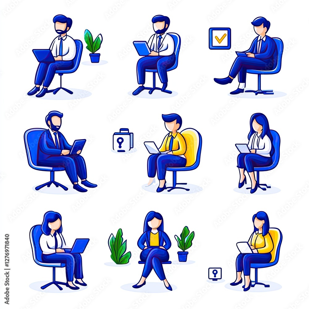 Poster office workers at desks using laptops doing work. plants and icons in the background, for website