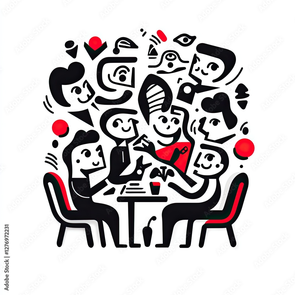 Poster people gather for meeting at table with objects and abstract figures in background. use infographic