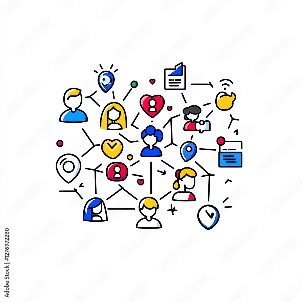 Poster people network online, connected by lines. icons around showing events and connectivity usage