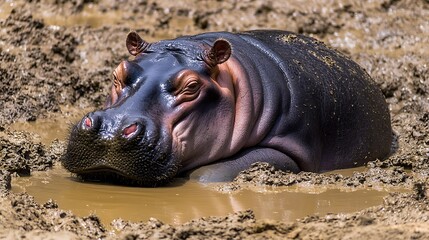 A hippopotamus relaxing in a muddy pond
