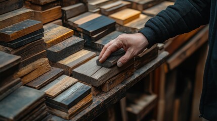 Close-up of a craftsman selecting reclaimed wood samples in a workshop
