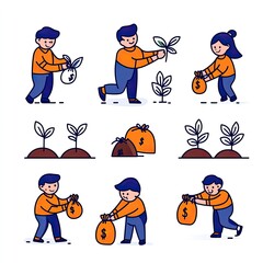 People planting money and leaves; saving. Investing for profit or business; white background