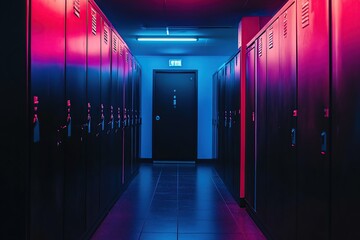 Fototapeta premium A row of black and red lockers in the hallway, with hanging on them. The lights glow blue and pink