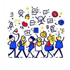 Fototapeta premium People walking, celebrating, with many icons around them. For social media posts