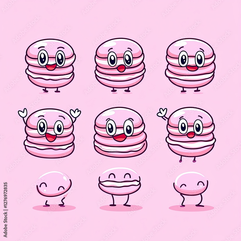 Poster pink macaron characters with various expressions on pink background