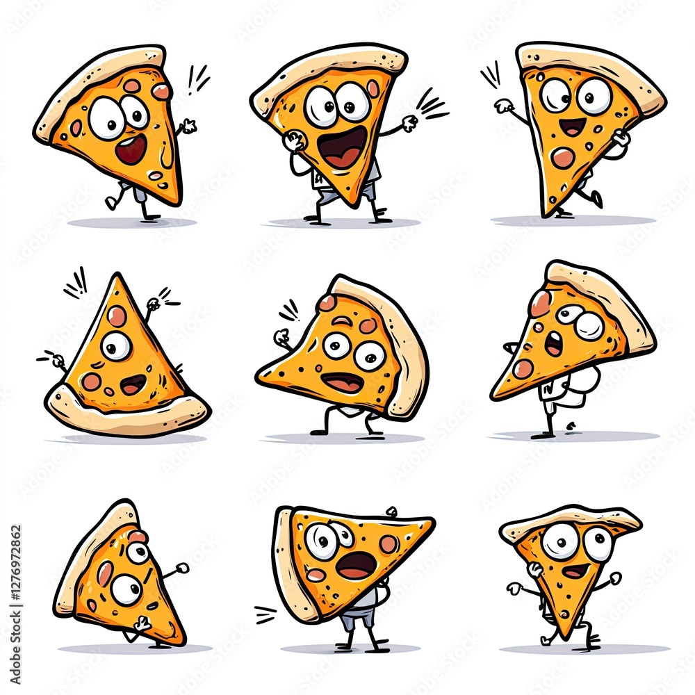 Poster pizza slice cartoon characters collection with happy expressions in isolated background for ad campa