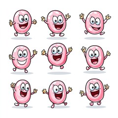 Fototapeta premium Pink Pill Characters Cheerfully Dance on White Background for Pharmaceutical Advertising/Education