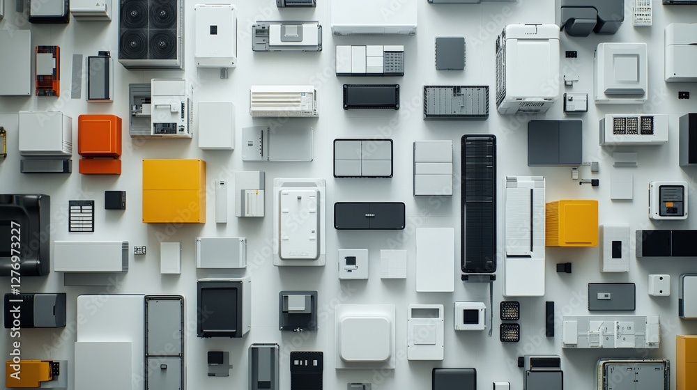 Poster a diverse array of modern appliances arranged on a wall, showcasing design and innovation in home te