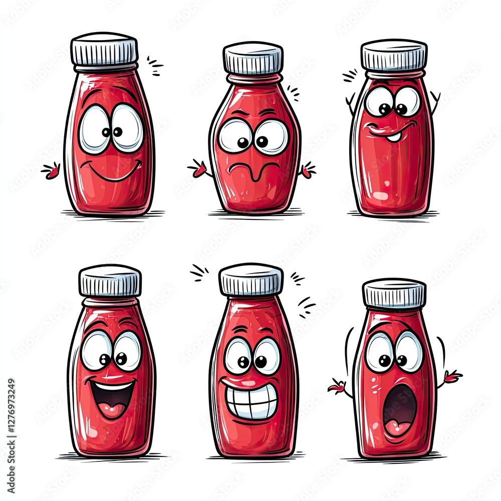 Poster red sauce bottles displaying expressions to portray various emotions for product promotion
