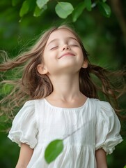 Little Girl in White Dress Enjoying Nature - A cute little girl with long brown hair, wearing a white dress, stands outdoors with eyes closed, enjoying the fresh air and nature