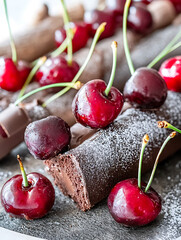 Chocolate log cake adorned with fresh cherries and a dusting of powdered sugar creating a decadent dessert.