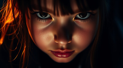 intense close-up portrait, young girl, fiery red hair, piercing blue eyes, dramatic lighting, shadowy background, determined expression, freckles, glowing skin, high contrast, cinematic style, hyper-r