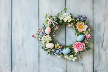 Delicate Easter wreath with pastel-colored eggs and fresh flowers. Perfect for spring and holiday-themed designs, this charming wreath evokes feelings of renewal, celebration, and seasonal beauty