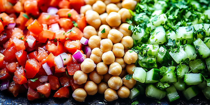 Close-up of diced tomatoes chickpeas and chopped cucumbers with herbs neatly arranged in distinct sections on a dark surface.