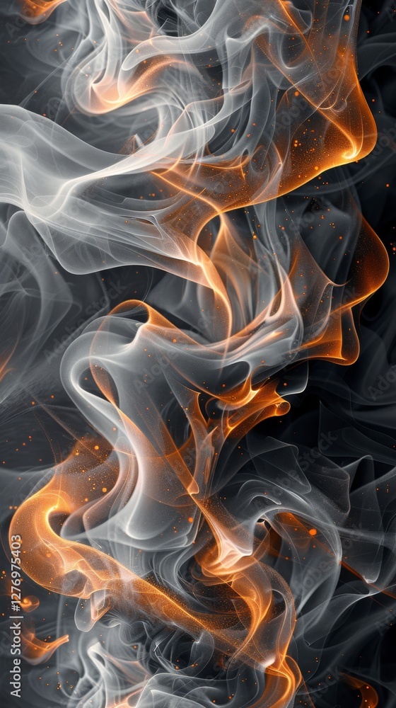 Poster abstract swirls of white and orange smoke create an enchanting visual display against a dark backgro