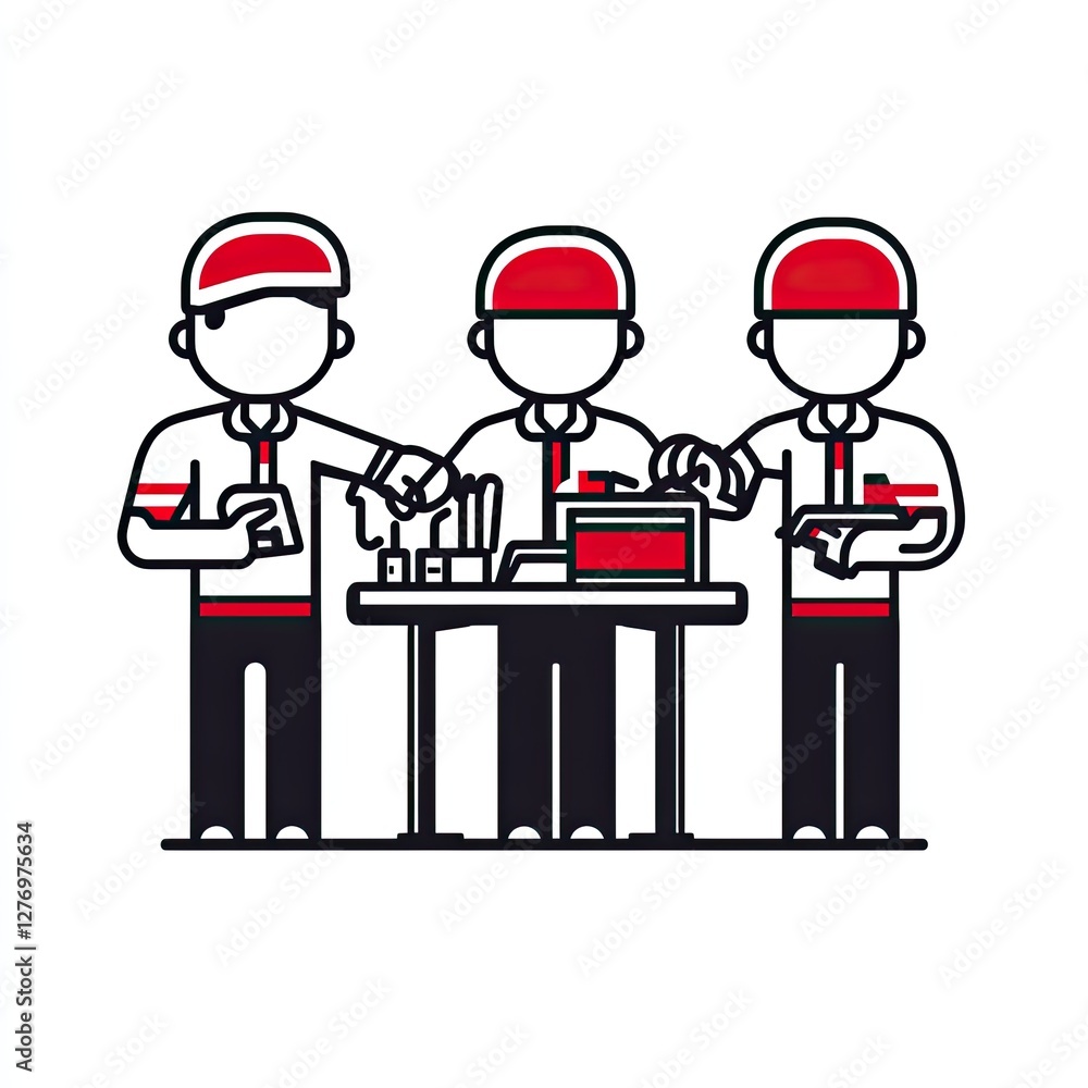Poster team of three engineers working on a prototype on a table. teamwork for science concepts