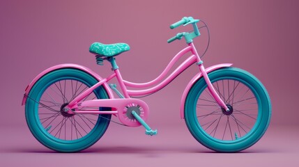 Fototapeta premium Brightly colored bicycle with retro design on a vibrant pink backdrop showcasing playful aesthetics