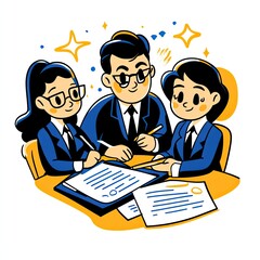 Team signs an agreement, indoor setting with sparkling background for business, success illustration