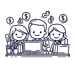 Team with computer getting funds in office.  Graphic for business, finance concept