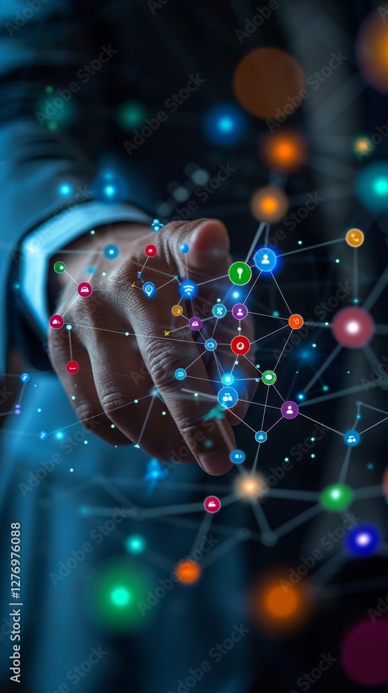 Poster digital network connection represented by hand reaching toward colorful data points in business envi