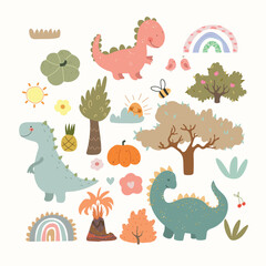 Set with cute dino, plants, fruits, volcano, rainbows, sun. Kids illustration, set with cartoon animals and nature. Vector illustration.   © Юлия Ткачук