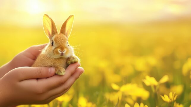Tender embrace, closeup of gentle hands holding small adorable rabbit gentle - Powered by Adobe