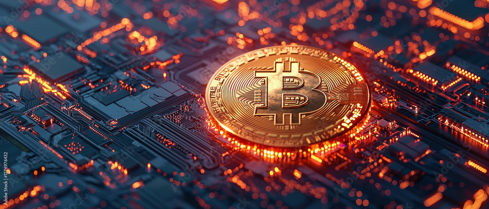 Aufkleber golden bitcoin resting on a futuristic circuit board with glowing blockchain connections in a high-t