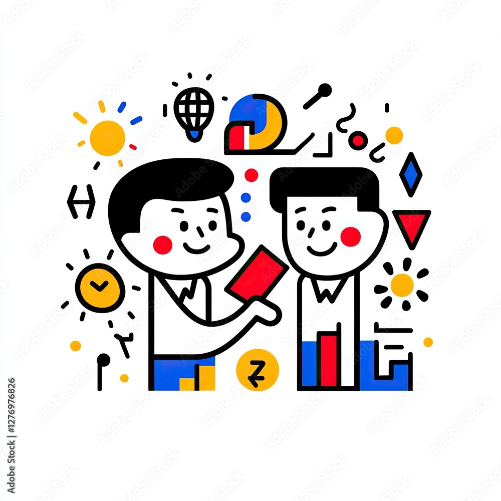 Poster two cartoon men sharing data in colorful scene with abstract icons. possible for use in advertising