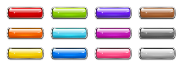 Glossy web buttons with metal frame. 3d glass labels, color icons with silver border. Modern blank shiny website buttons with chrome frames, vector illustration