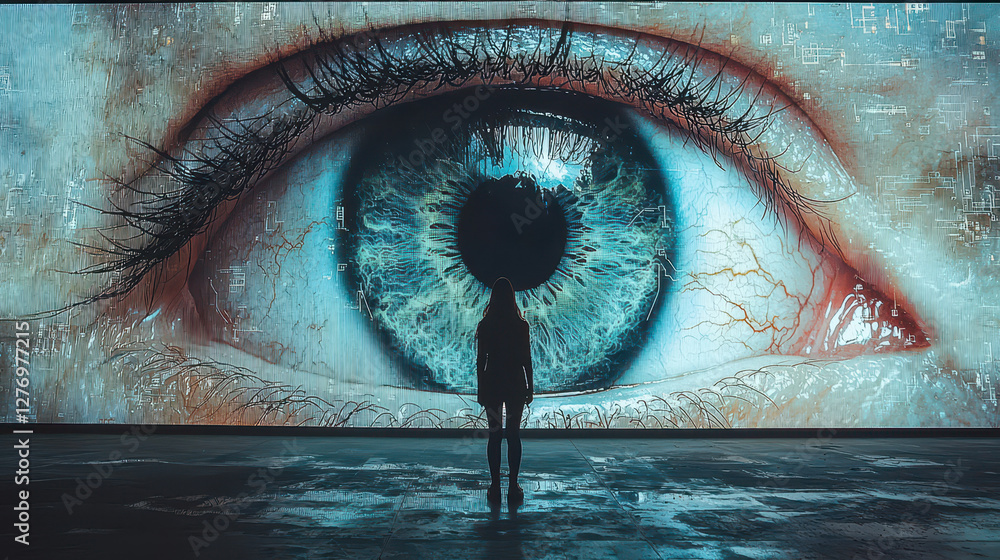 Poster silhouette confronting a massive glowing ai eye representing digital surveillance and control with a