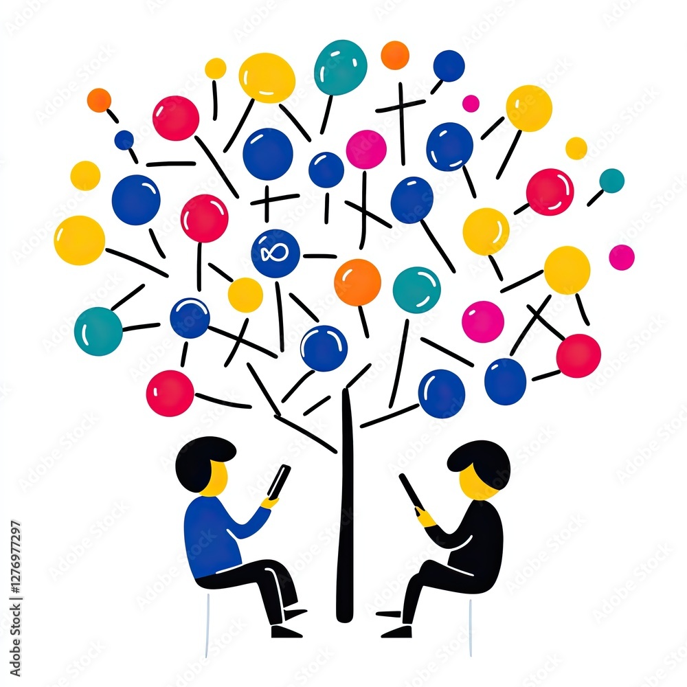 Poster two people using phones under a connection tree. social media use. data network communication