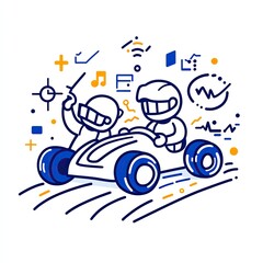 two figures driving car on road, for educational or product illustration