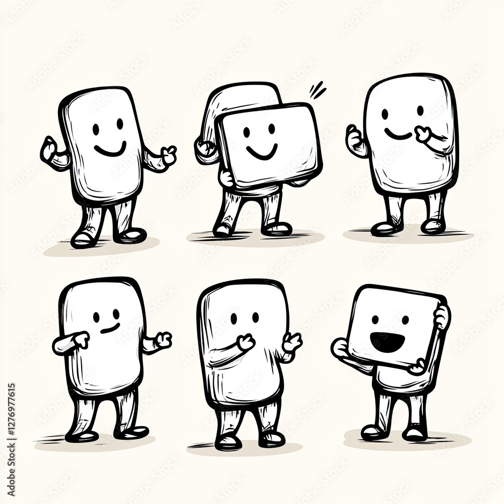 Poster white cartoon figures with smiles conveying friendly concepts and communication in a bright setting