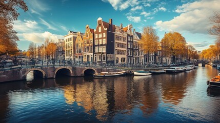 Historic canal bridge in Amsterdam, Netherlands, with bicycles lined up along the water and golden autumn trees framing a picturesque view of traditional Dutch gabled houses in the city.