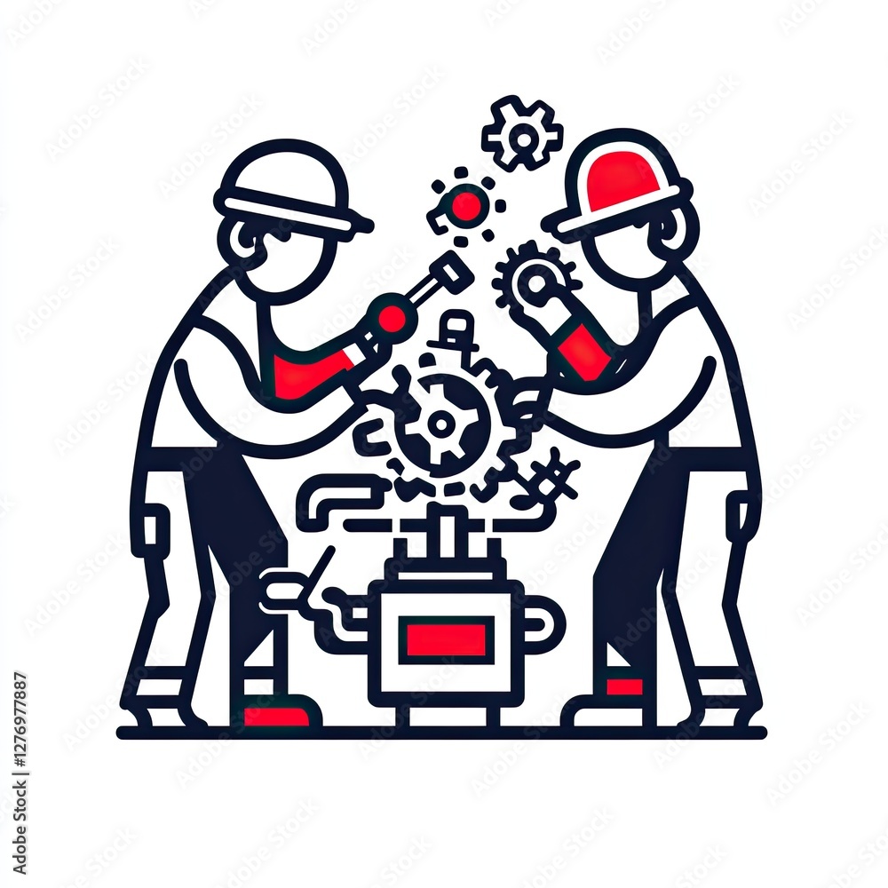 Poster workers repairing machine at facility, focusing on fixing engine component with tools for industry